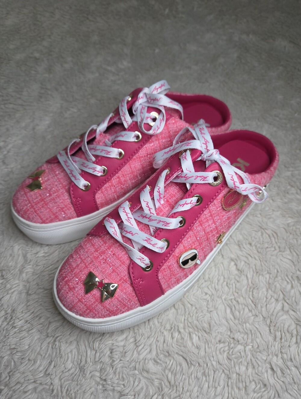 Women's Karl Lagerfeld Paris Pink Metallic Tweed Sneaker Mule Shoes Sz 5